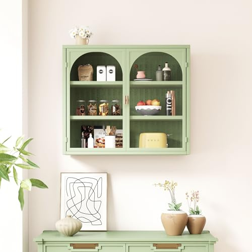 Merax Vetrina sospesa in vetro, per sala da pranzo, cucina, soggiorno, ufficio, bagno, ingresso, verde, 70 x 23 x 60 cm
