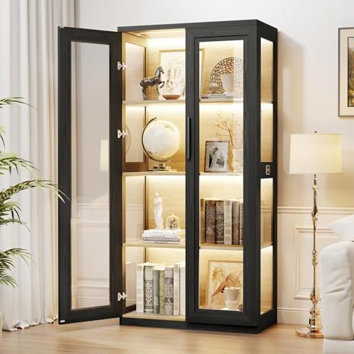 BROTTAR Display Cabinet with Glass Doors, 4-Tier Curio Cabinet with 3 Color LED Lights, Display Cases with Human Body Sensing, Bookcase for Collectibles, Bedroom Living Room Kitchen Office, Black