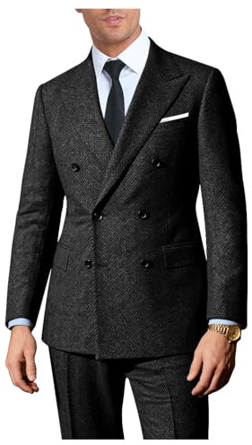 Lynerun Tweed Herringbone Suit Men 2 Piece Slim Fit Black Suits for Men Formal Double Breasted Wool Jacket Pants Set Prom Tuxedo XL