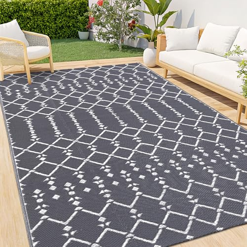 Homaxy utomhusmatta 180 x 270 cm, grå och vit | Vattentätt vändbart plastsugrör, UV-beständigt, vikbar boho, halkfri, för uteplats, camping, picknick, balkong, trädgård