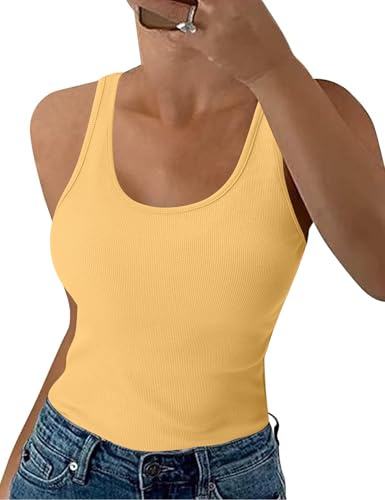 Aottori Camiseta sin Mangas Mujer Cuello Redondo Elástico | Verano, Tirantes, Elegante, Punto, Básico, Chalecos, Top, Casual, Sólido, Ajustado, Tank, Shirt