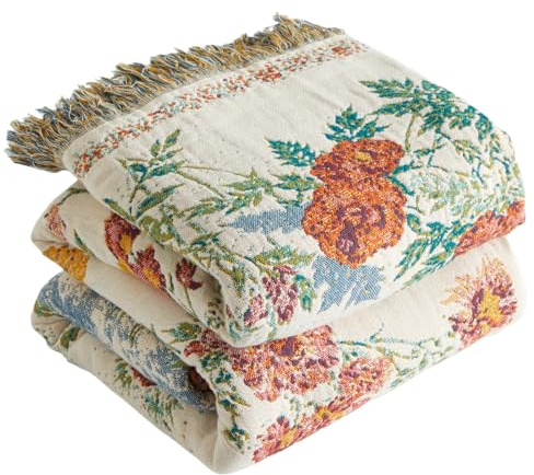 Bailix Premium Boho-överkast, 100 % bomull gosig filt med fransar, dubbelsidig muslin, boho-filt, 200 x 230 cm, gosig sofffilt och sängöverkast, sommarfilt för vardagsrum, elfenben/grön