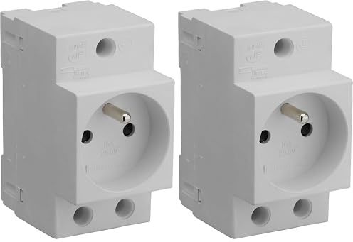 DEBFLEX - Prise Électrique 2P+T Pour Tableau Electrique - Prise Modulaire 10/16A avec Terre - Montage sur Rail DIN - Grise (Lot de 2)