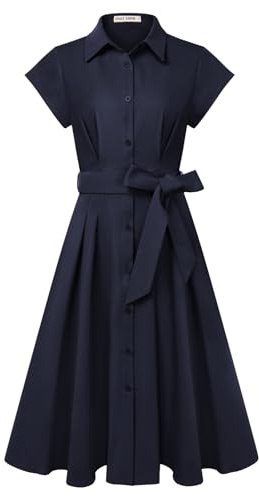 GRACE KARIN Abito midi da donna a maniche corte, linea ad A, elegante, collo con risvolto, bottoni, cravatta in vita, camicia per lavoro e matrimonio, blu navy, XL