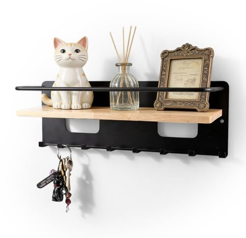 VEGOATY Plaque à clés en bois avec étagère : porte-clés mural multifonction avec 8 crochets à clés, plaque à clés avec étagère en bois pour entrée, couloir, chambre à coucher, salon