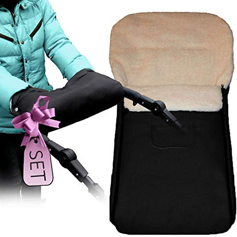 Baby-Joy SET Fußsack schwarz KAI 105 cm + Muff Handwärmer Kinderwagenhandschuh