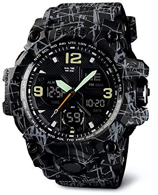 Redlemon Reloj digital analógico deportivo militar para hombre, pantalla con iluminación, cronómetro, alarma y fecha, modelo 1155B, Negro camuflaje, Unitalla, Deporte