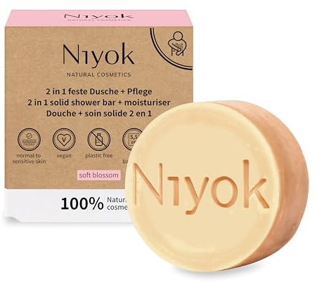 Niyok® 2-in-1 Feste Dusche + Pflege Soft Blossom (80g) • Naturkosmetik Duschseife • Festes Duschgel für alle Hauttypen • Vegane Seife für Körper & Hände • Plastikfrei & Vegan