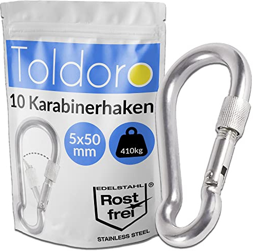 Toldoro® 10x Moschettone acciaio inox con chiusura a vite 50mm / Moschettone multifunzione per altalena, campeggio o slackline/Carabiner/Set di moschettoni piccolo