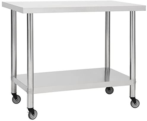 vidaXL Mesa de Trabajo para Cocina con Ruedas Preparación de Comida Hostelería Garajes Banco Restaurante Escuela Comercial Acero INOX 100x60x85 cm