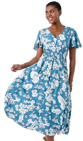 Roman Originals Shirred Empire Waist Dress for Women UK Ladies Midi Maxi Summer Spring Tiered Frill Hem Short Sleeve V Neck Button Through Boho Bohemian Holiday Cruise - Blue White - Size 10
