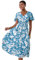 Roman Originals Shirred Empire Waist Dress for Women UK Ladies Midi Maxi Summer Spring Tiered Frill Hem Short Sleeve V Neck Button Through Boho Bohemian Holiday Cruise - Blue White - Size 10