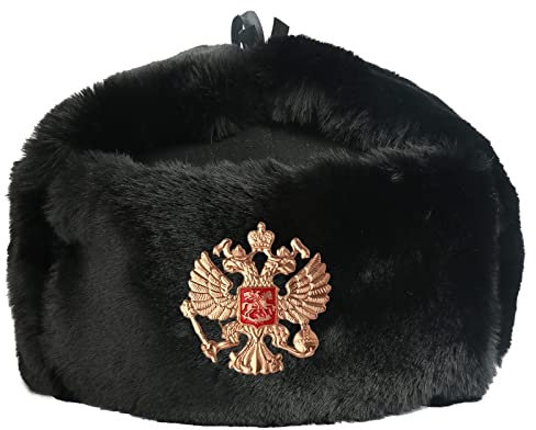 DEPAJA Russische Mütze Sowjetarmee Militärabzeichen Russland Uschanka Bomberhüte Pilot Trapper Trooper Hut Winter Kunstkaninchenfell Ohrenklappe Männer Schneekappen, Bk Nationalemblem, 54-58 cm