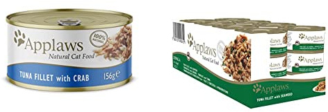 Applaws 100% Natural Wet Cat Food, Tuna Fillet with Crab Tins Beige, 156g - 24 Count & 100% Natural Wet Cat Food, Tuna Fillet and Seaweed in 156 g Tin (Pack of 24)