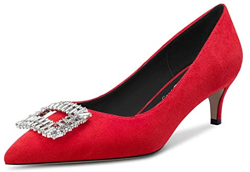 NobleOnly Women Kitten Mid Heel Pointed Toe Slip-on Pumps Court Shoe Rhinestone Crystal Glitter Wedding Party Dress Shoes 5 CM Heels Red 10.5 UK