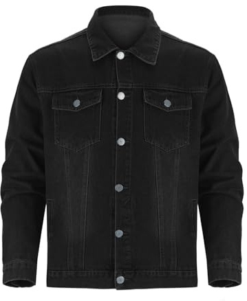 Veste en jean pour homme - Revers - Bouton pression - Avec poche de poitrine - Léger - Streetwear - Collège - Veste cropped cowboy - Veste de travail en denim - Veste tactique pour homme, Noir , L
