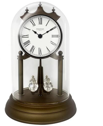 FOUNTAIN DESIGNS 9 Genevieve Mantel Clock with Revolving Pendulum, Modern Anniversary Clock Rotating Pendulum, Wedding Gifts, Desk & Shelf Clock, Roman Numerals,Bronze Finish