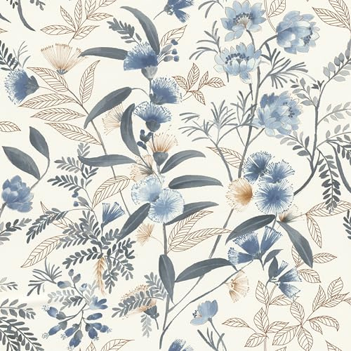 Rasch Tapeter 869125 – fibertapet med blommor och blad i blått, guldgult, brunt och vitt från Symphony-kollektionen – 10,05 m x 0,53 m (L x B):