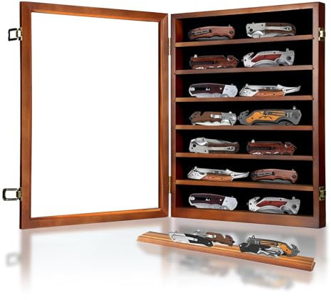 YRCKUDZKG Messervitrine für Sammlungen, Taschenmesser-Vitrine mit HD-Hartglas, abschließbare Aufbewahrungskoffer mit abnehmbaren Regalen, Wandmontage, 7-lagiger Holzschrank, Walnuss