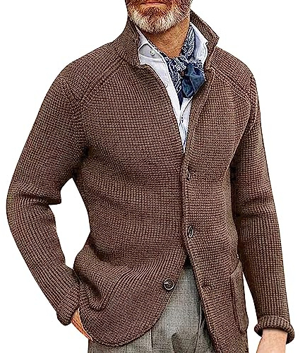 Generic Men's Brown Wool and Cotton Blend Casual Long Sleeve Band Collar Stand Collar Blazer Jacket XL