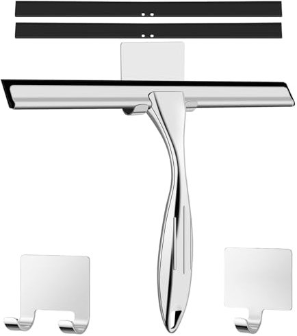 Duschabzieher Edelstahl 25 cm - mit 2 Ersatzgummiabzieher，Abzieher Dusche mit Halterung, Fensterabzieher für Badezimmer, Spiegel und Fliesen, Streifenfreie Reinigung für Glasflächen