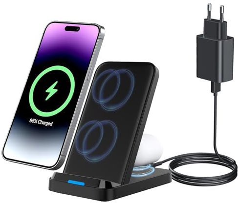 Qi Induktive Ladestation Samsung, 2 in 1 15W Wireless Charger Stand Kabelloses Handy Ladegerät für Samsung Galaxy S25 Ultra S24 S23 S22 S21, Google Pixel 9 Pro 8 a 7, iPhone 16 15 14 13 12 11, AirPods