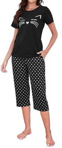 TeJoyce Pijama Mujer Algodon Corto Verano, Dos Piezas Ropa de Dormir Pantalón 3/4, Conjunto Camiseta de Manga Corta de Gatos y Capri Lunares con Bolsillos, Ropa de casa Suave y Transpirable S-XXL
