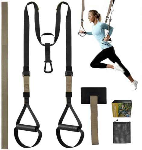 EIGFOH Correas de Entrenamiento en Suspensión, Kit Completo para Ejercicios de Fuerza, Entrenamiento en Casa, Negro y Verde (Verde militar, E2)