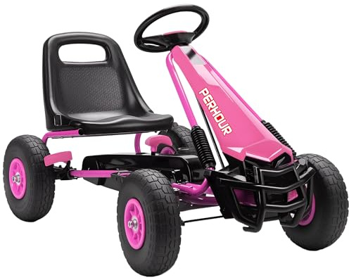AIYAPLAY Kids Pedal Go Kart, Children Ride on Racer with Adjustable Seat, EVA Tyres, Manual Clutch, Brake, Go Cart for Kids 3-8 Years, Pink