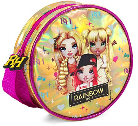 PERLETTI Rainbow High Umhängetasche für Mädchen 3 4 5 6 Jahre - Kleine Umhänge mit Regenbogen Puppen - Runde Handtasche für Reisen Freizeit Kindergarten - Kinder Tasche Violett und Gold - 17x17x6 cm
