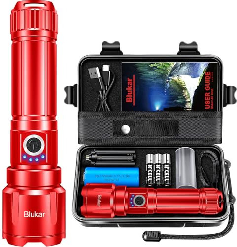 Blukar LED Torch Rechargeable, Ultra High Lumens Super Bright Torches - Adjustable Focus,5 Modes,5000 mAh Long Lasting,IP67 Waterproof,Powerful Handheld Flashlight for Camping,Hiking,Emergency -Red