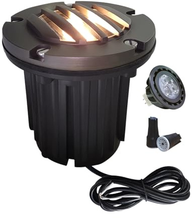 Low Voltage Landscape Lighting,(5''H) Brass Top Cover Outdoor In Ground Lights, 12V Landscape Well Ground Lights for Pathway, Driveway and Garden 1 Pack with MR16 Bulb (Grated Top, 1-pack with Bulb)