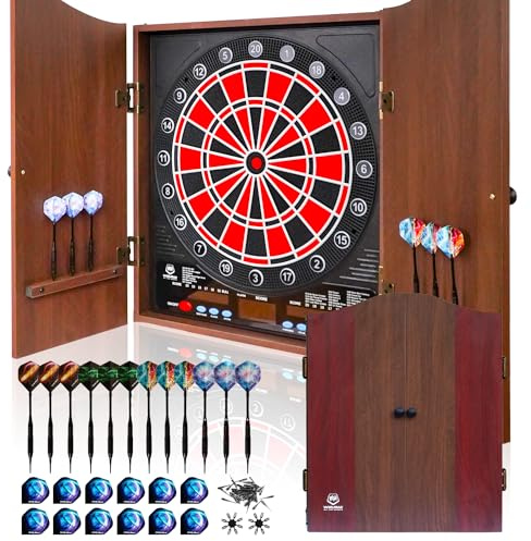 Electronic Dart Board LED Electric Digital Scoreboard Dart Boards for Adults with MDF Cabinet, up to 8 Players, 34 Games,355 Variations - 12 Soft Tip Darts & 100 Replacement tips - Great for Game Room