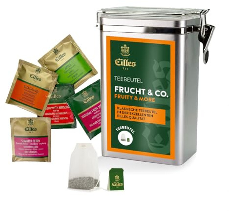 FRUCHT & CO. TEE Premium Aromadose mit 5 Sorten EILLES Deluxe Teebeutel, 30 Portionen gesamt, wiederverschließbare Dose mit Crystal-Deckel