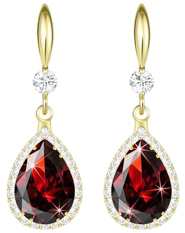 Linawe Ruby Imitation Diamond Dangle Earrings for Women, 14K Gold Rhinestone Cubic Zirconia Crystal Teardrop Earrings, Wedding Bride Bridesmaids Earrings, Birthstone Jewellery