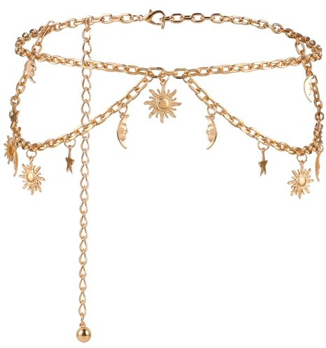GEEHUA Ceinture à chaîne en métal double couche avec lune et étoile - Ceinture à maillons tendance - Ceinture fine pour femme, or, First size