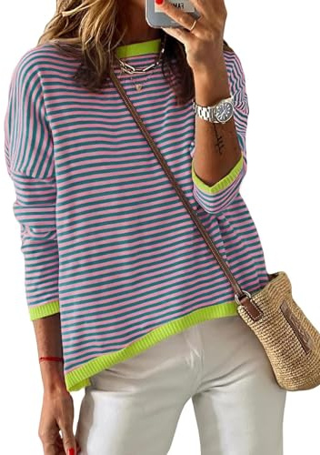 Chicrise Jersey Mujer Otoño Cuello Redondo Punto Camiseta Manga Larga Rayas Colores Moda Suelto Sueter Fino Rojo/Verde/Ye Mediano 38-40