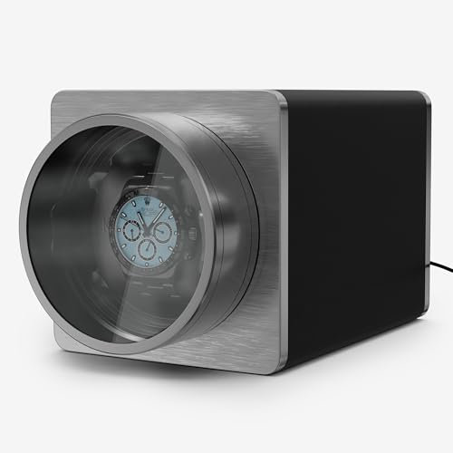 Klarstein TimeSync Uhrenbeweger – Elegantes Design aus veganem Leder und gehärtetem Glas, leiser Mabuchi-Motor, 5 TPD, Batteriebetrieben/Netzstrom, für 1 Automatikuhr, Schwarz-Silber