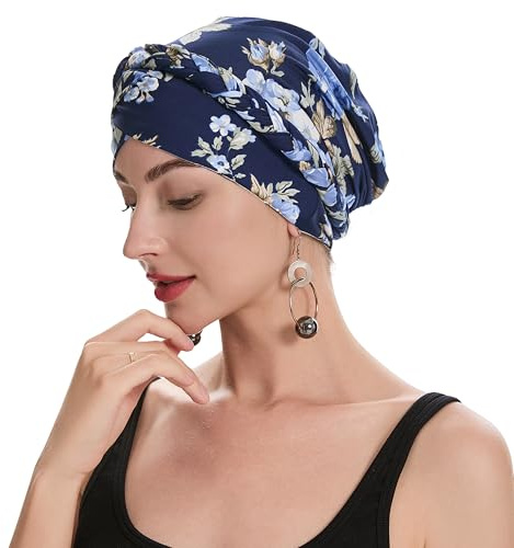 ZLYC Women Chemo Headwear Pre Tied Turban Headwrap Lightweight Beanie Hat(Braid Floral Navy),One Size