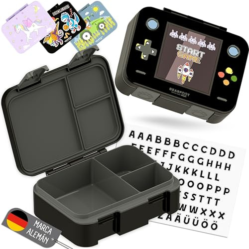 BEARFOOT – Fiambrera Infantil Compacta, Bento Box para Niños sin BPA, Lonchera con Compartimentos para Colegio y Guardería, Ligera y Hermética (Juegos Negro, 650 ml)