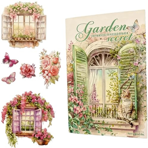 TIAMECH Window Sill Flowers Sticker Book - My Garden Series, 20 Sheets Blooming Courtyard Waterproof PET Scrapbooking Stickers for Junk Journaling, Decorative Ephemera & DIY Crafts