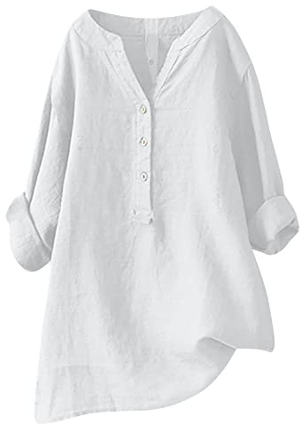 Camiseta Mujer Lino Algodón Manga Larga Camisa Ligero Primavera Verano Moda Casual Cuello en V Botones Color sólido Suelto Cómodo Tops T-Shirt Basic tee Talla Grande Transpirable Blusa 2025