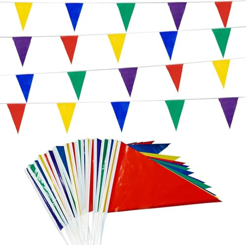 Large Plastic Bunting Outdoor Waterproof - GREATRIL Multi Colored Pennant Flags Outdoor Bunting Decorations for Birthday Beach Pool Summer Garden Mexican Carnival Festival Party Decorations - 4 Packs