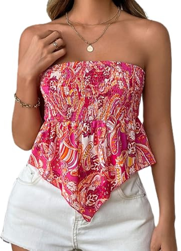 Women's Y2K Strapless Tube Tops Boho Floral Ruched Off-Shoulder Bandeau Vest Asymmetrical Hem Aesthetic Corset Top (A-Multi, L)
