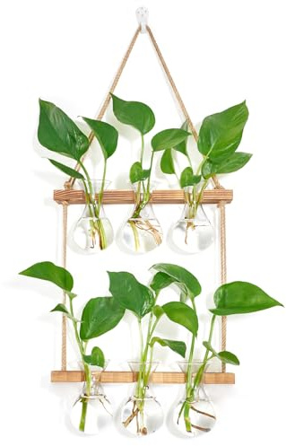 XXXFLOWER Arazzo da parete per piante con supporto in legno, 3 bulbi, vaso a 2 ripiani, in vetro, stazioni per la propagazione idroponica, talee per piante, casa, giardino, matrimonio