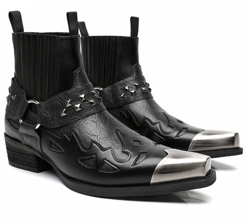 Pumalar Western Cowboy Boots For Men with Steel Toe & Silver Toe Cap Studded Ankle Strap Pull-On Work Boots Embossed Print Low Top for Wedding Party & Casual Wear