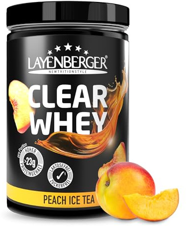 Layenberger CLEAR WHEY Protein Pulver zum Anrühren, klarlösliches Molkeneiweißisolat für Muskelaufbau, 77% Eiweiß, 22,9% BCAA (1x 420 g) - Eistee-Pfirsich