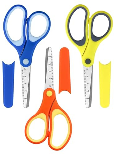 HUVZOR 3pcs Forbici per Bambini, Con scala, 6 pollici la Scuola Forbici di Sicurezza con Punte Arrotondate la Casa,la Scuola,le Forniture Artistiche e Artigianali Bambini,Con custodia protettiva