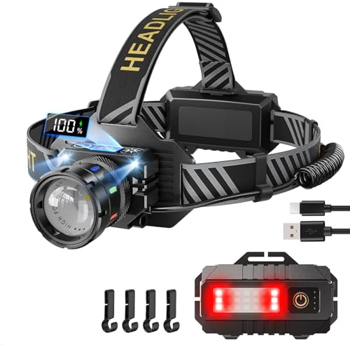 Sefitopher Head Torch Rechargeable,80000LM Super Bright 9 Modes LED Headlight Red Warning and Sensor,IP65 Waterproof 90°Adjustable Focus Headlight for Running, Camping, Hiking, Fishing etc (9 Modes)