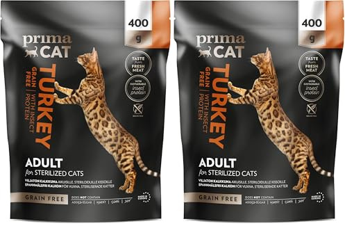 PrimaCat - Cibo secco senza cereali per gatti al gusto di tacchino e insetti, per gatti adulti, sterilizzati/castrati, 400 g (Confezione da 2)